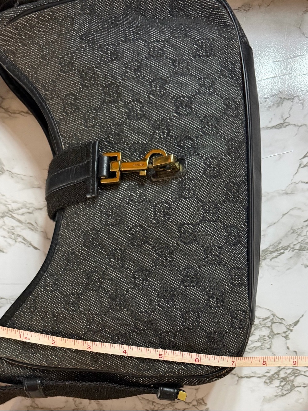 Gucci Jackie GG Denim Canvas Black Leather Trim Shoulder Bag Gold Piston Closure - Picture 11 of 12